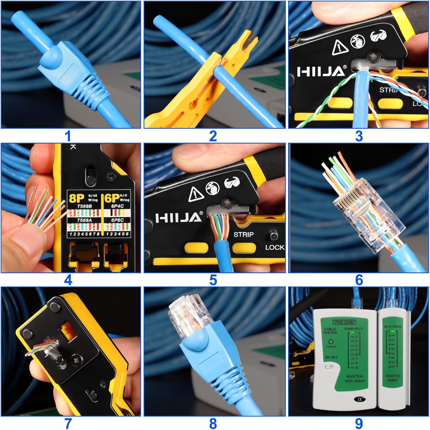Thumbnail 6 de Hiija Pinza crimpatrice RJ45 passante con tester, 50 connettori e 50 coperture (Cat5/5e/Cat6)