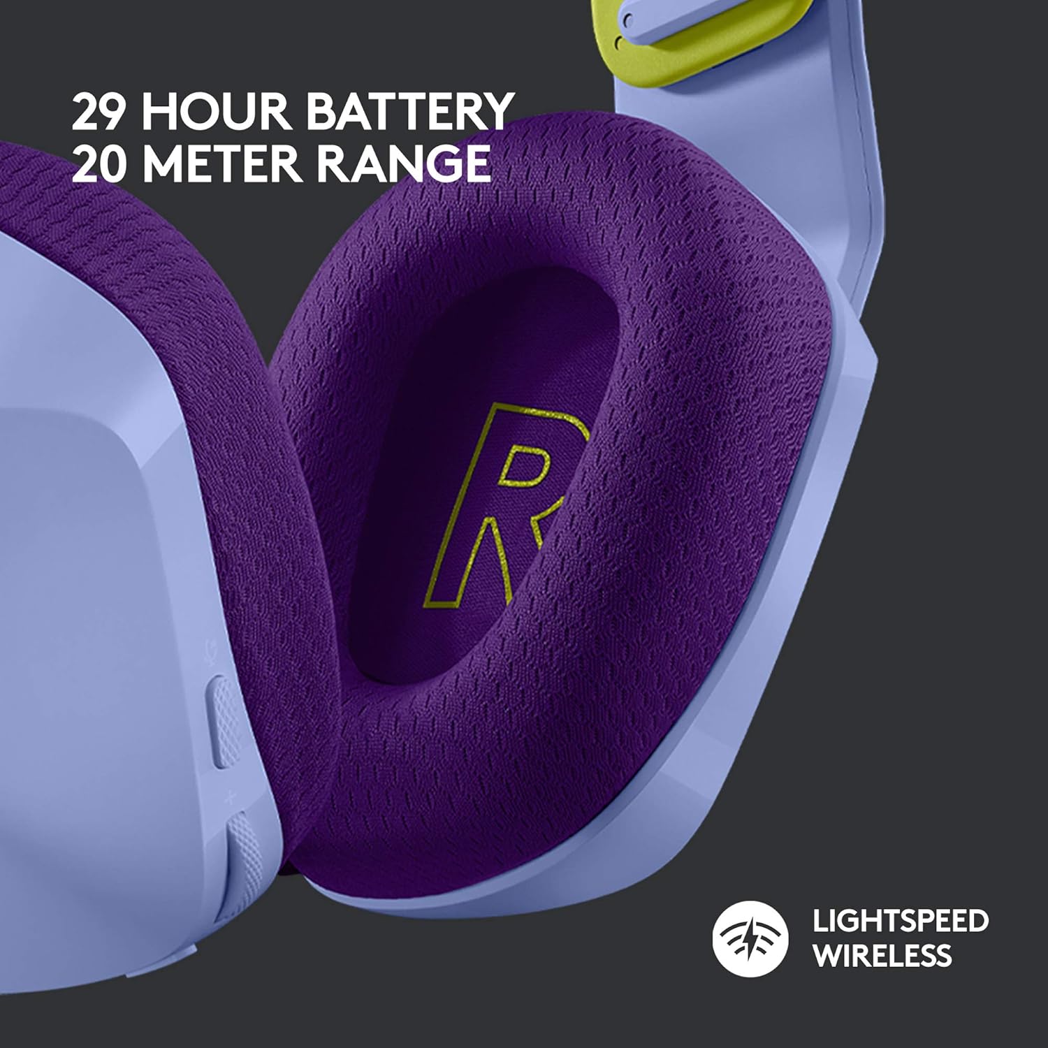 Detalle de Logitech G G733 LIGHTSPEED Wireless Gaming Headset (Lilac) with PRO-G audio drivers and LIGHTSYNC RGB