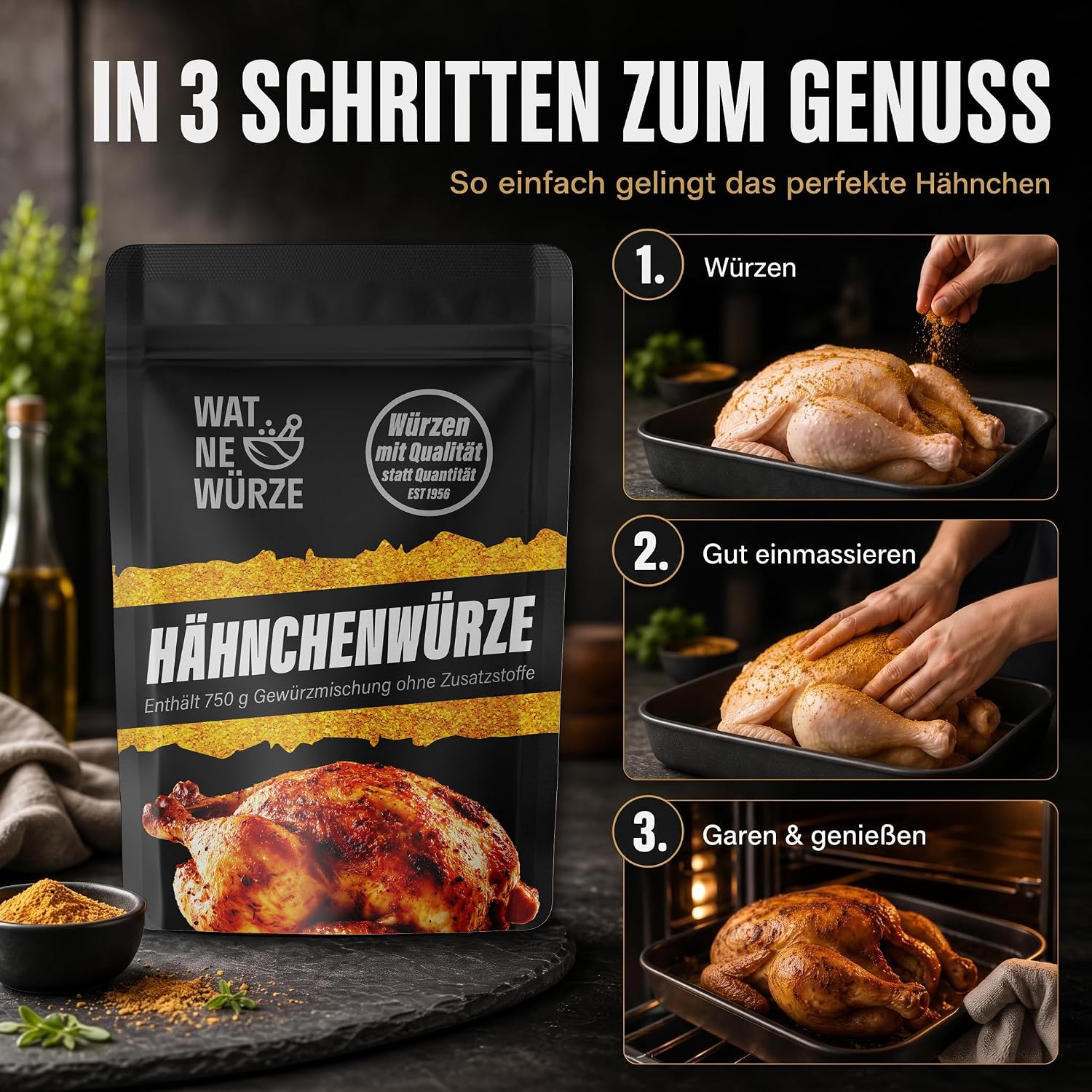 Detalle de WAT NE WÜRZE Chicken Rub Hähnchengewürz (750 g) – Gewürzsalz für Brathähnchen, Wings & mehr