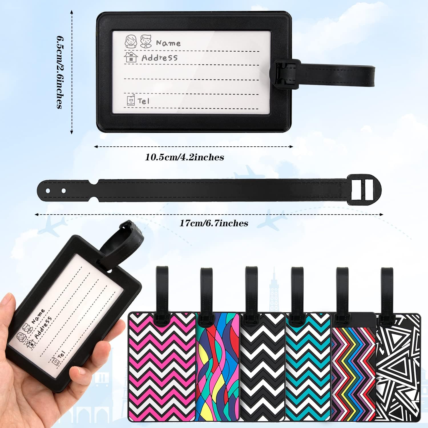 Detalle de 6Pcs Luggage Tag Set with Colourful Geometric Pattern – Silicone Travel Labels for Suitcases and Bags
