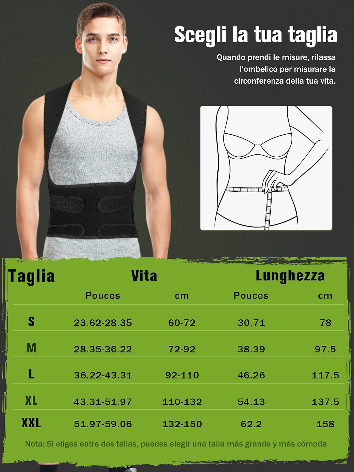 Detalle 2 de Fascia correttore posturale spalle e schiena con supporto lombare, regolabile elasticizzata, taglia XL