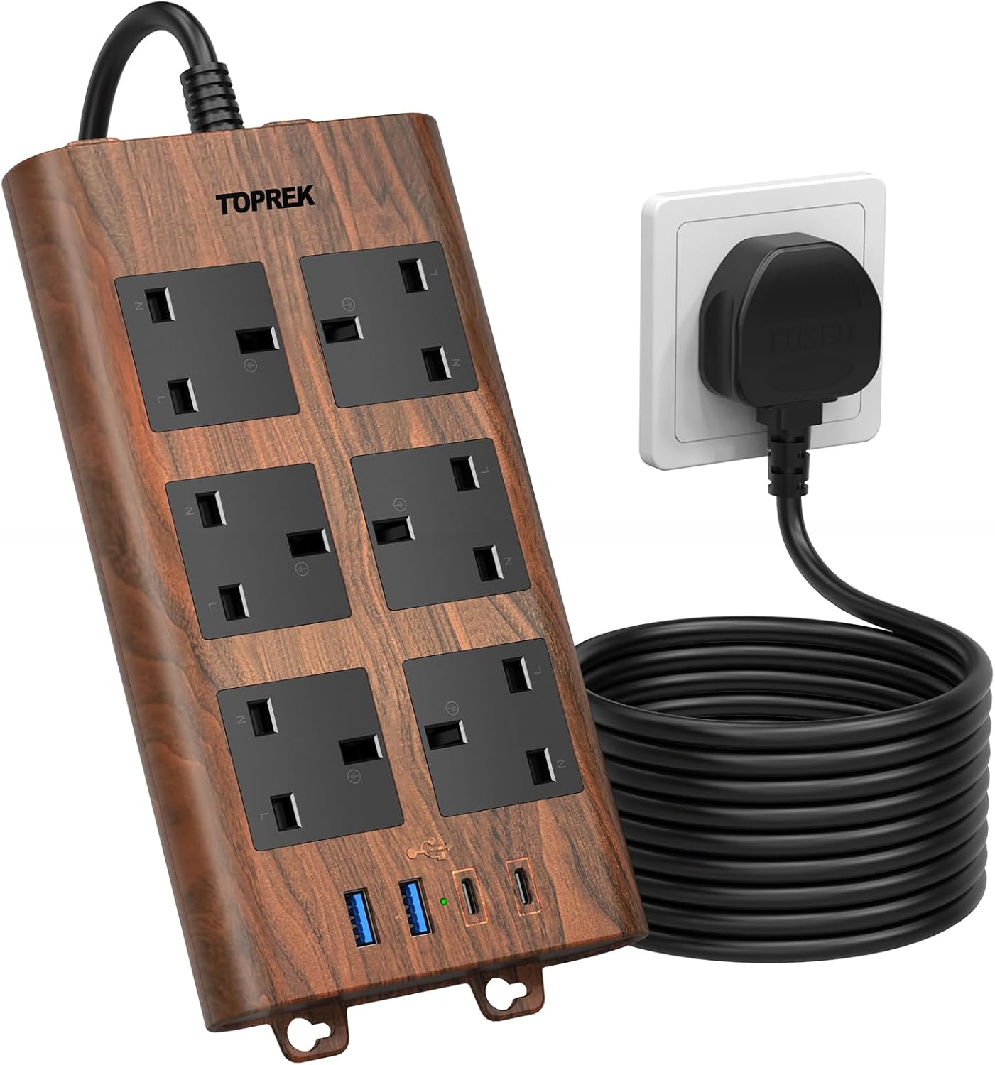 Detalle de TOPREK Wood Grain 6-Way Extension Lead with 2USB-C, 2USB-A & Surge Protection (2m, Brown)