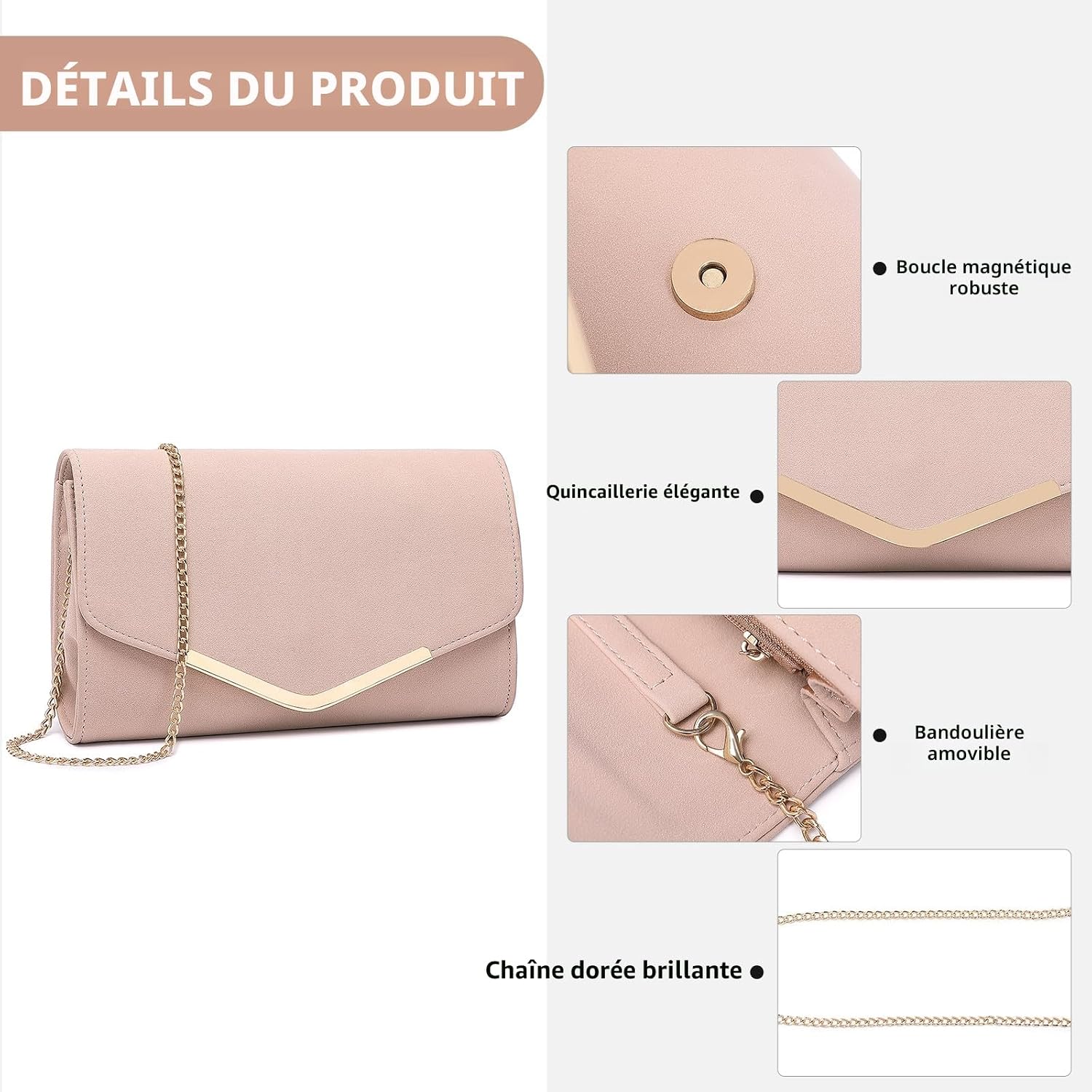 Detalle 2 de Miss Lulu Pochette Femme en Daim avec Chaîne – Mini sac élégant pour soirées et cérémonies