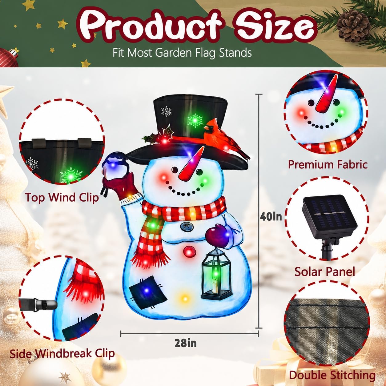Detalle de amadecohome 01 Lighted Christmas Snowman Garden Flag, Solar LED, 8 Modes