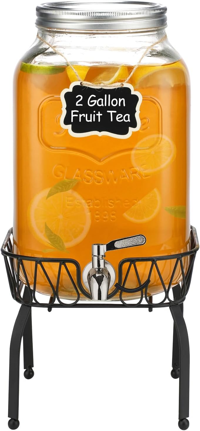 Detalle de JUSJAHLY JUSJAHLY-003 2-Gallon Glass Beverage Dispenser with Stand and Stainless Steel Spigot