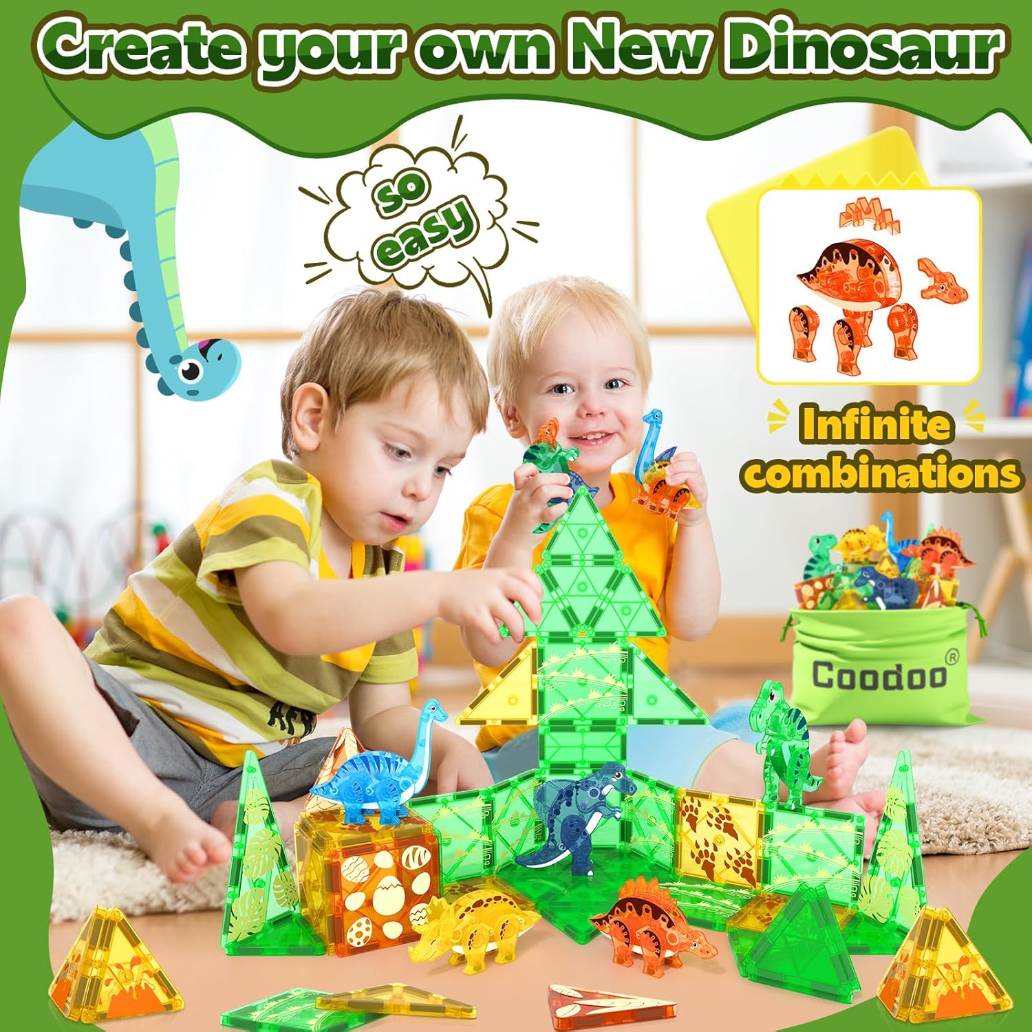 Detalle 2 de Coodoo Dinosaur Magnetic Tiles 3D Set for Ages 3+ 🧩