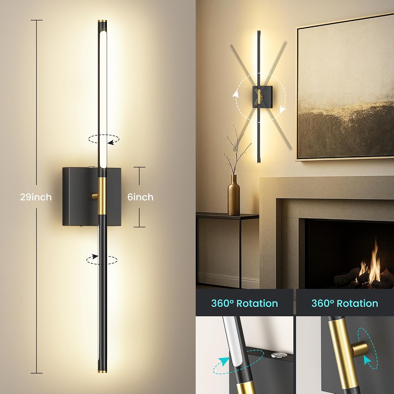 Thumbnail 3 de SyncGlow 29-Inch Rechargeable Wall Sconces, Set of 2, 3CCT, Remote, Black/Gold