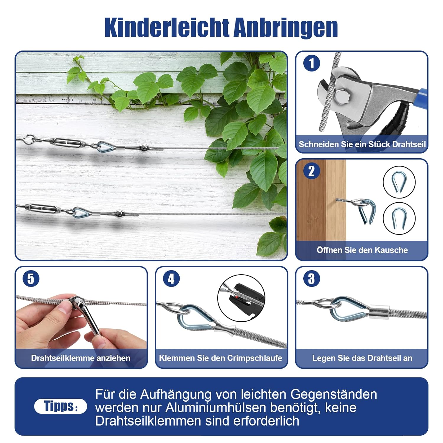 Detalle de Stahlseil-Kit 58-teilig, 30 m Edelstahlseil