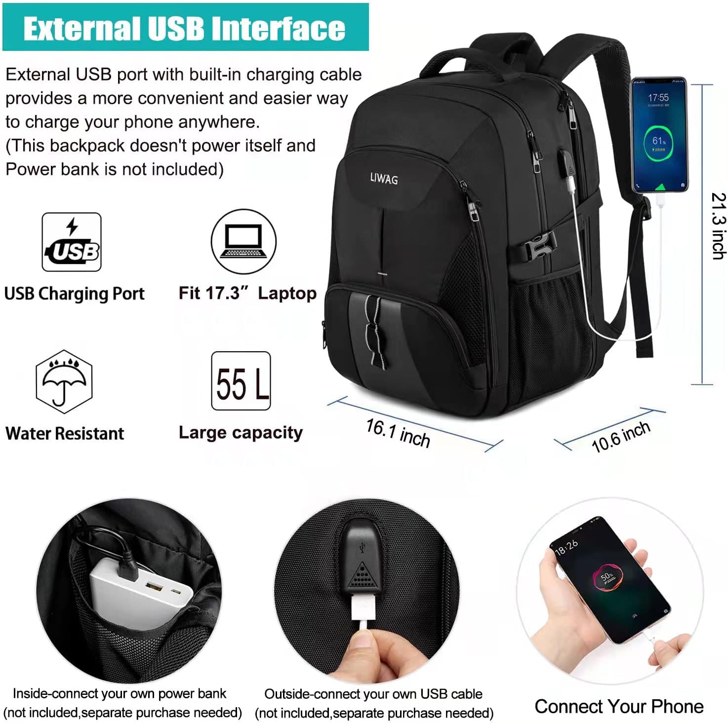 Detalle 2 de 18.4 inch 55L Laptop Backpack with USB