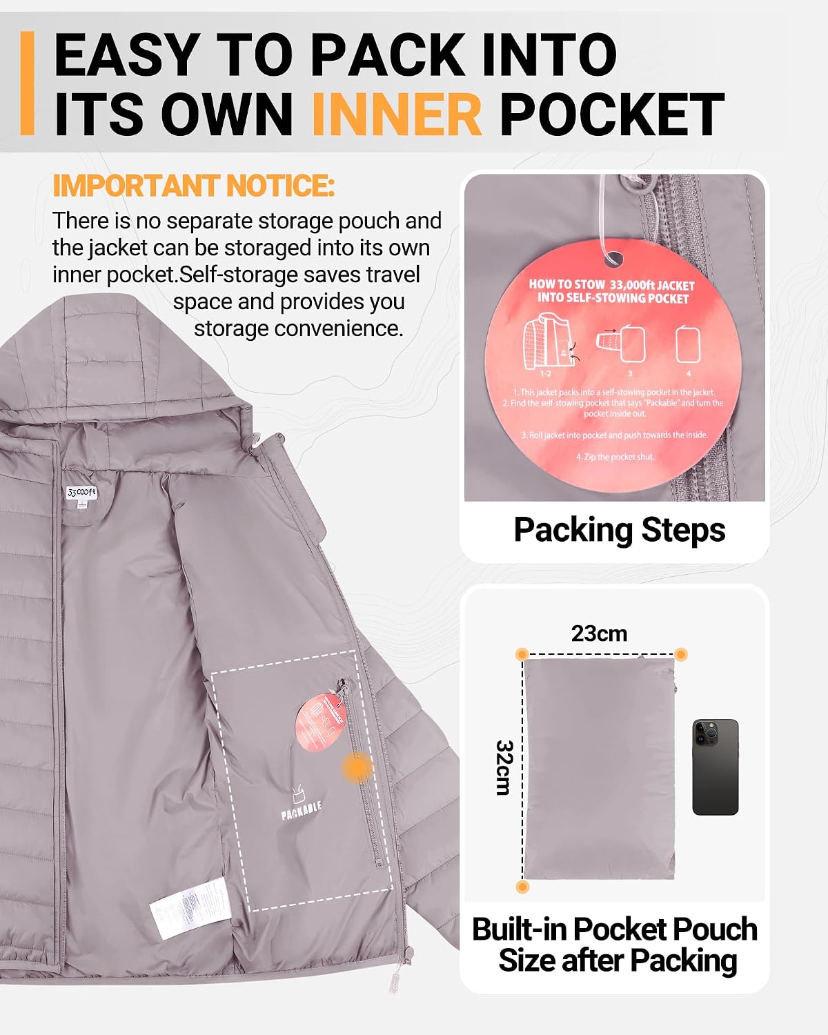 Thumbnail 2 de 33,000ft Damen Leichte Steppjacke Packbar