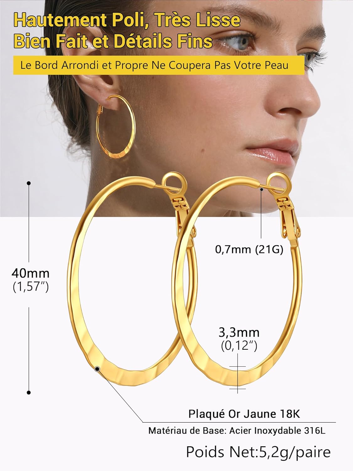 Thumbnail 4 de PROSTEEL Boucles d’oreilles créoles femme en acier inoxydable 316L (40 mm) – anneau plat, plaqué or jaune ou noir