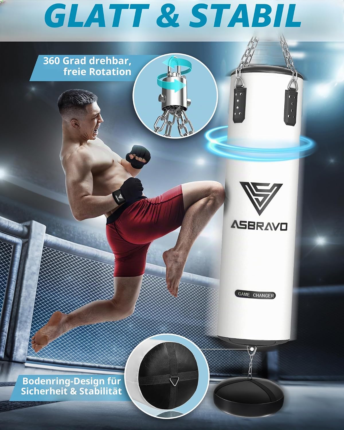 Detalle 2 de ASBRAVO Boxsack für Erwachsene – 4ft PU-Leder, ungefüllt, inkl. 12oz Boxhandschuhe, 5m Handwraps, Springseil und Griffstärkungsgerät