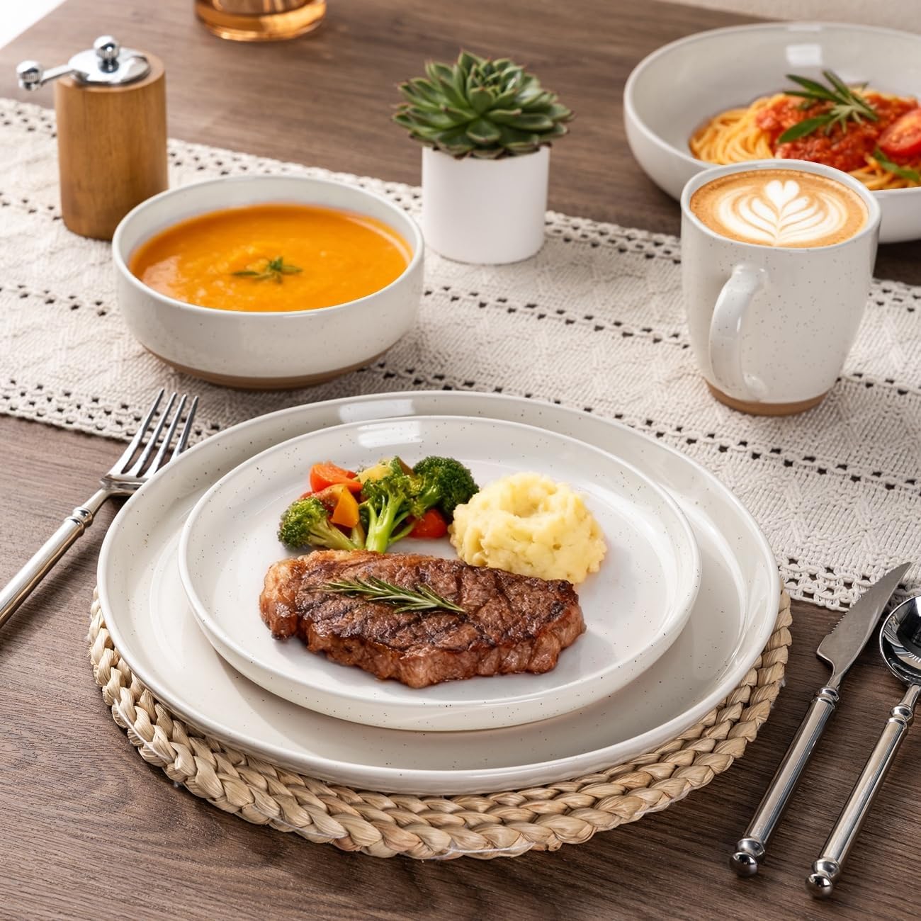 Thumbnail 5 de AmorArc Ceramic Dinnerware Set for 8 (24 Pieces) — Handpainted, Scratch-Resistant Stoneware with Rustic Terracotta Underside