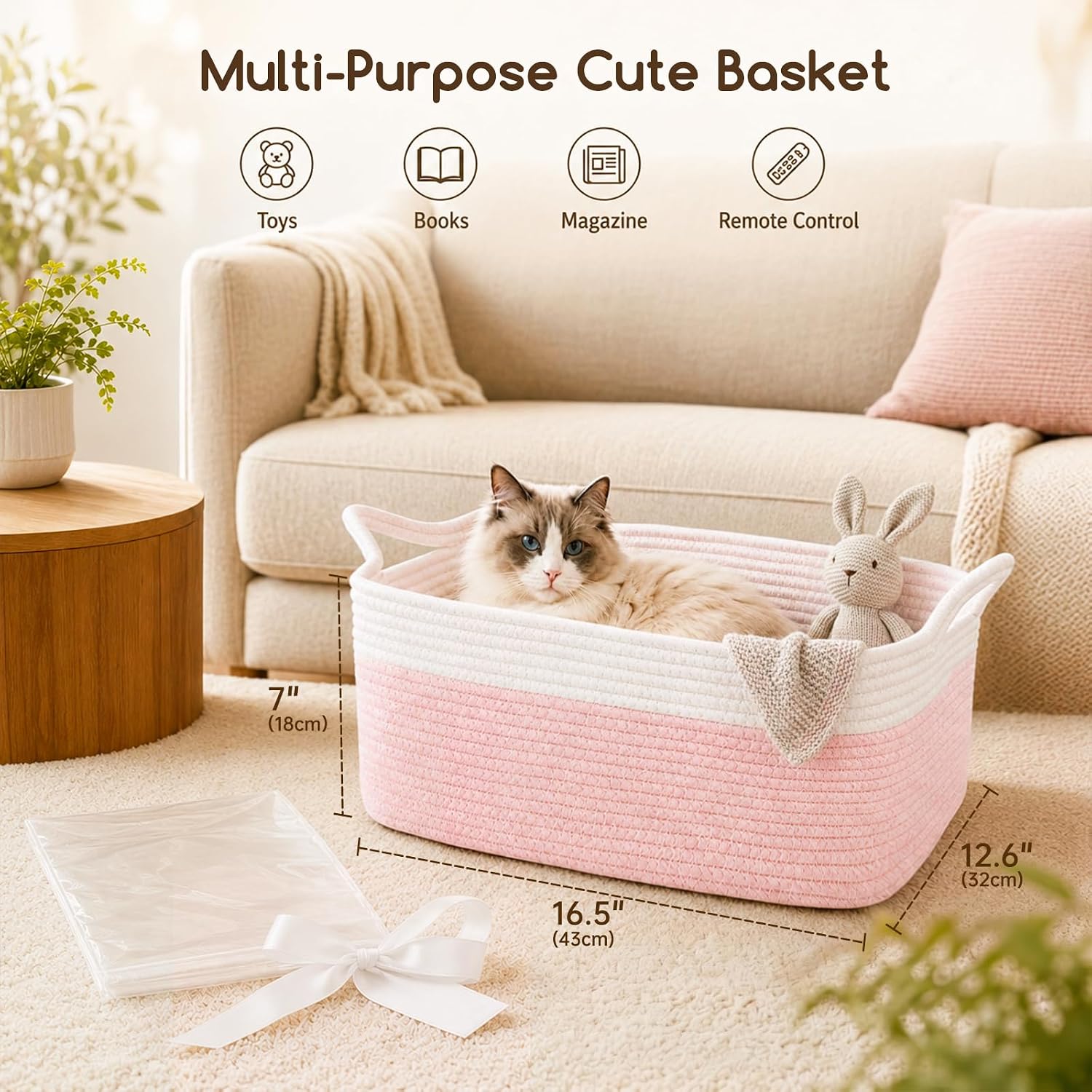 Thumbnail 5 de OIASKET MSFD74P100 Cotton Rope Gift Basket, Pink and White, 25-Liter Capacity