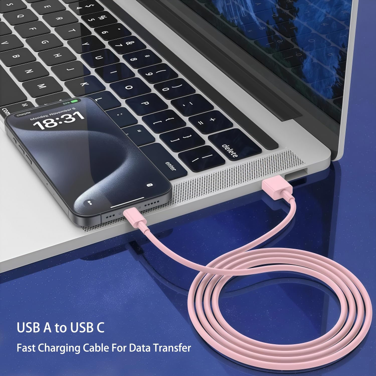 Detalle de Pink USB A to USB C Charger Cable 1M – Fast Charging & Data Sync for iPhone, iPad, Samsung and More