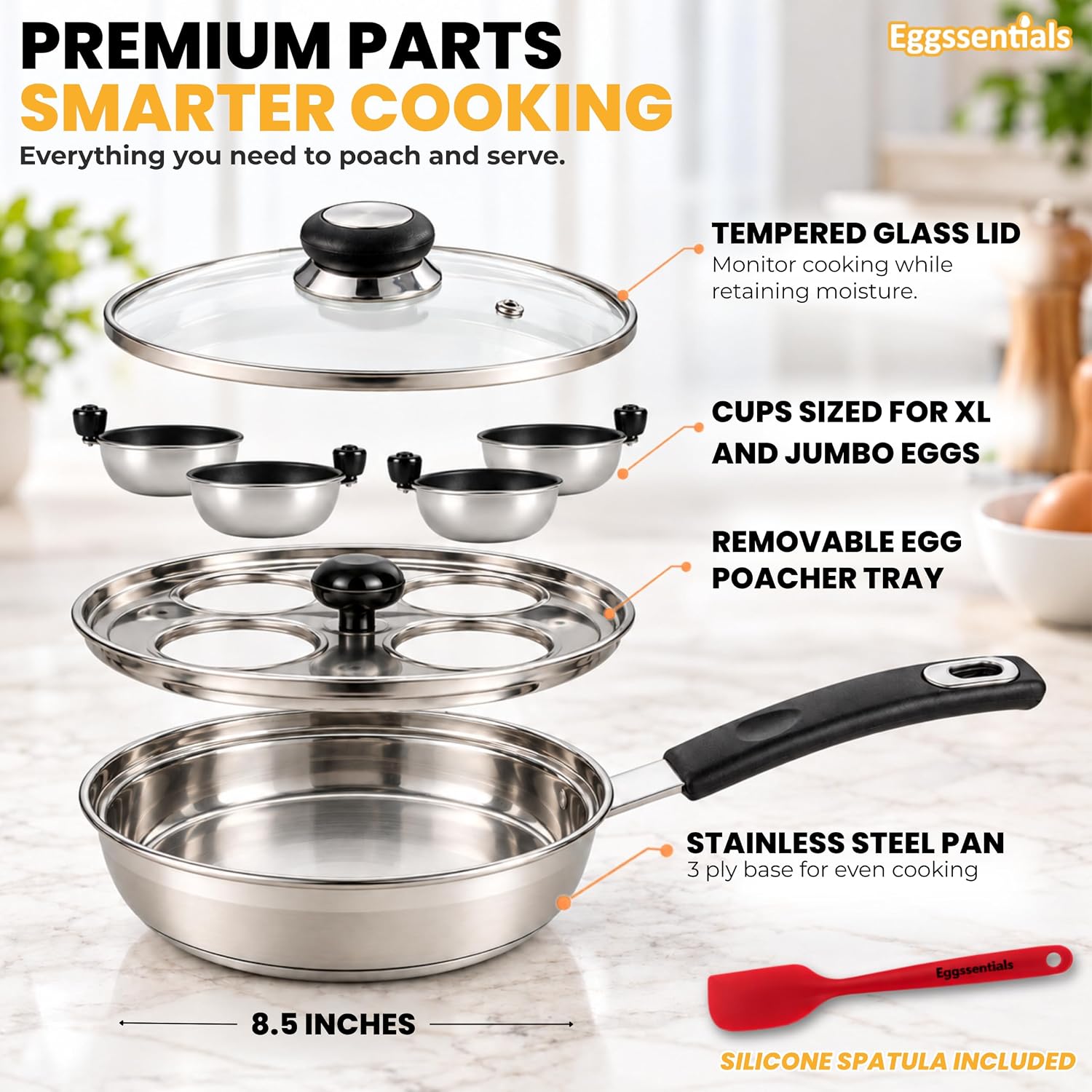 Detalle 2 de Eggssentials Egg Poacher (Stainless Steel Poached Egg Maker) with Spatula