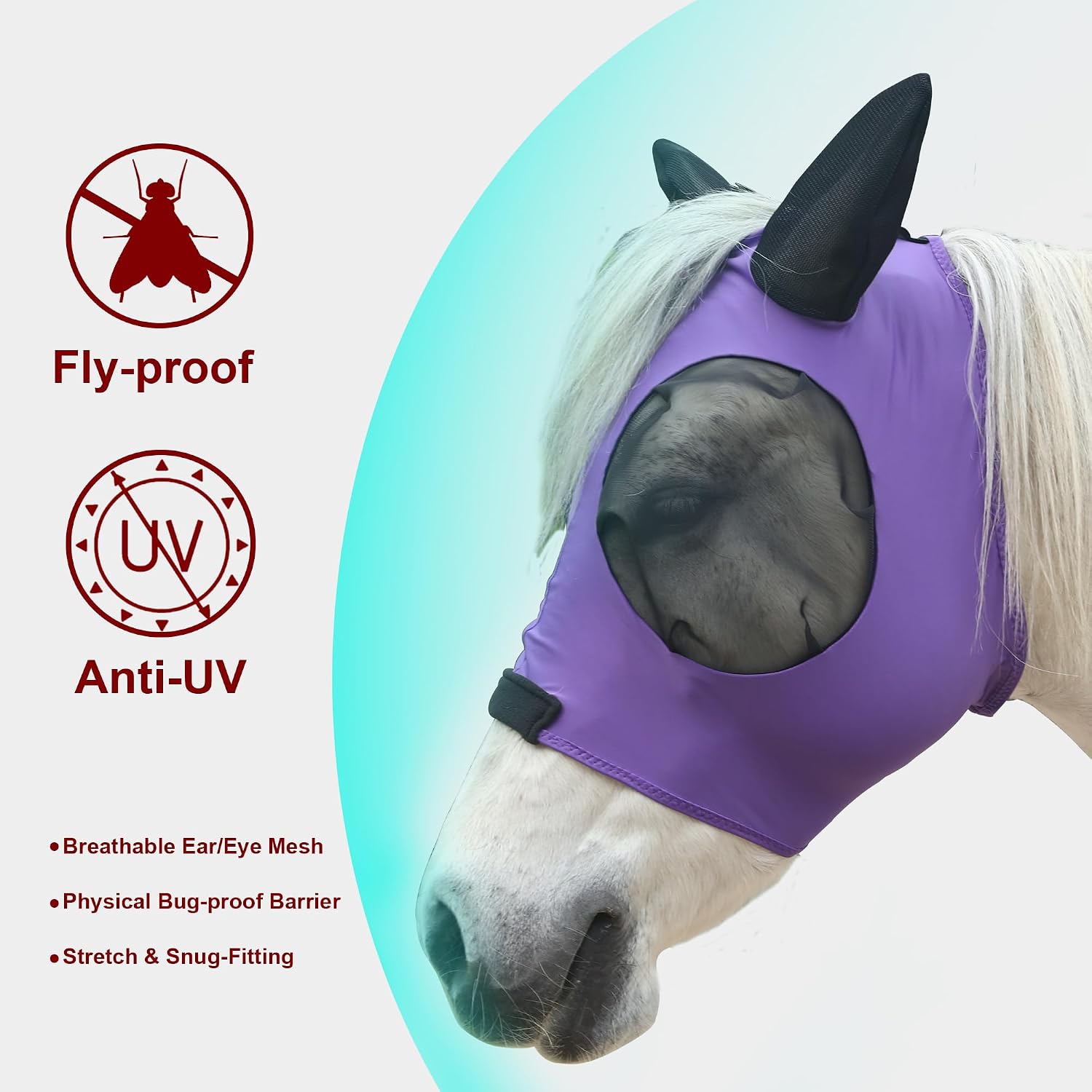 Detalle de Leberna Horse Fly Mask with Ears (Smooth, Elastic, UV Protection) – Purple, Full
