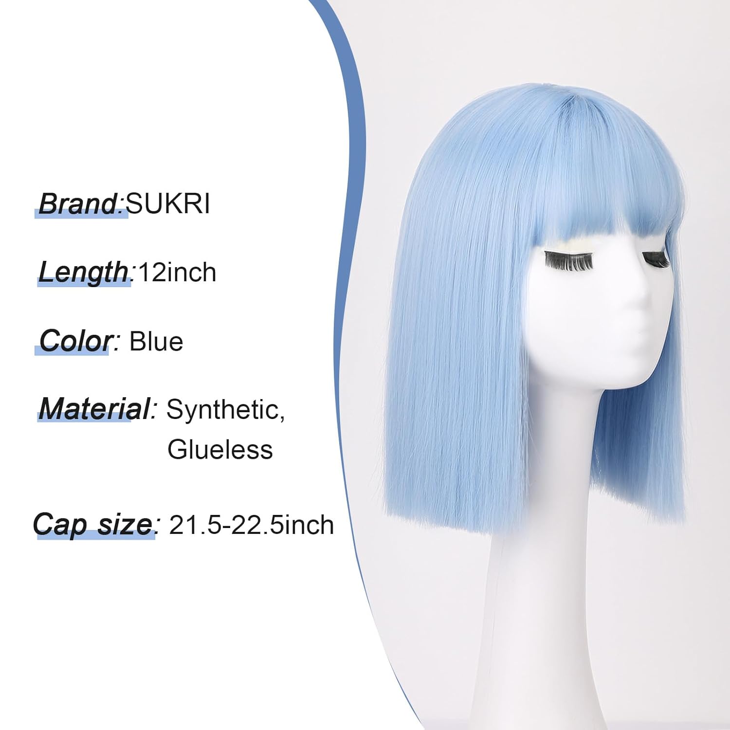 Detalle de SUKRI Light Blue Bob Wig with Bangs (12 Inch) – Short Straight Blue Wig for Women