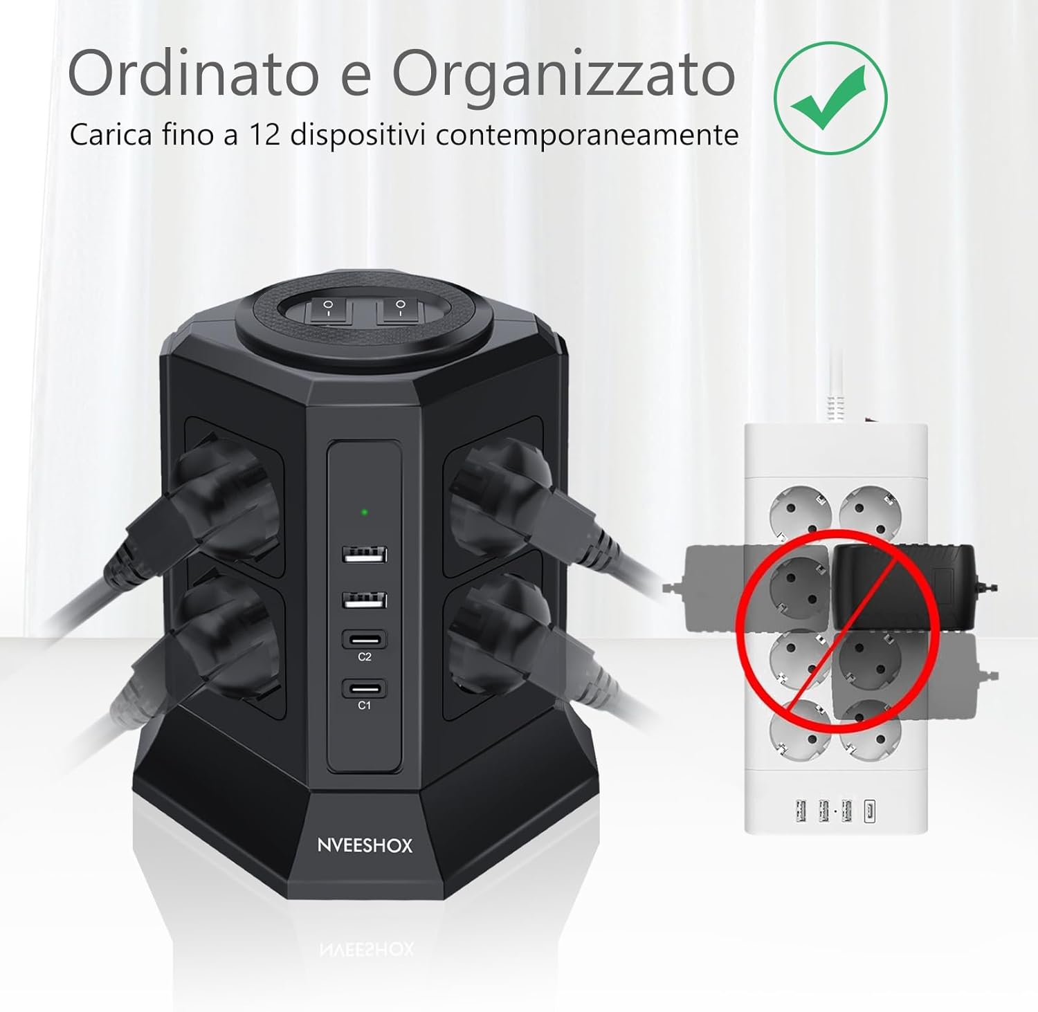 Thumbnail 4 de NVEESHOX Ciabatta multipresa verticale “Ciabatta” con 8 prese Schuko, 2 USB-C (PD 20W) e 2 USB-A, cavo 2 m