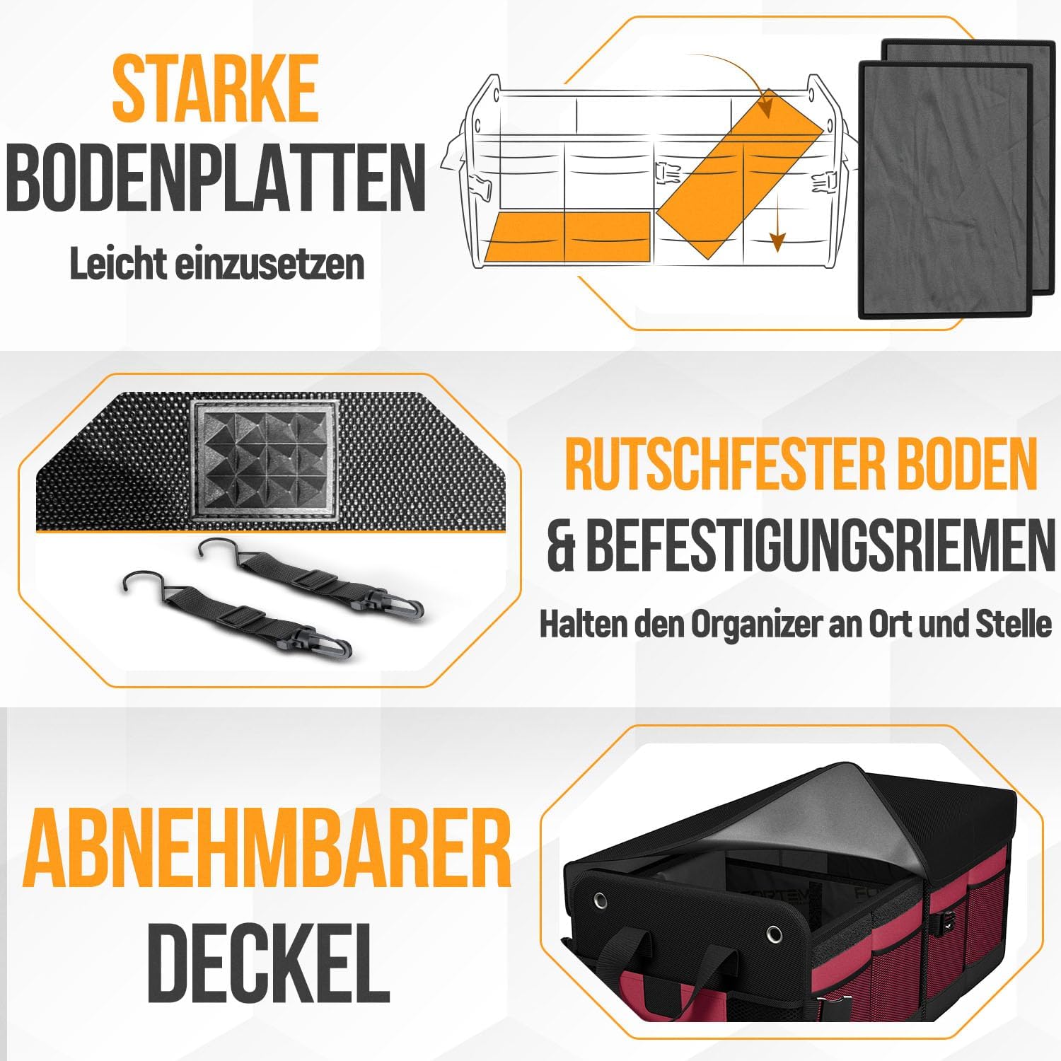 Detalle 2 de FORTEM Kofferraum Organizer (rot, groß) – zusammenklappbare Kofferraumtasche mit Fächern