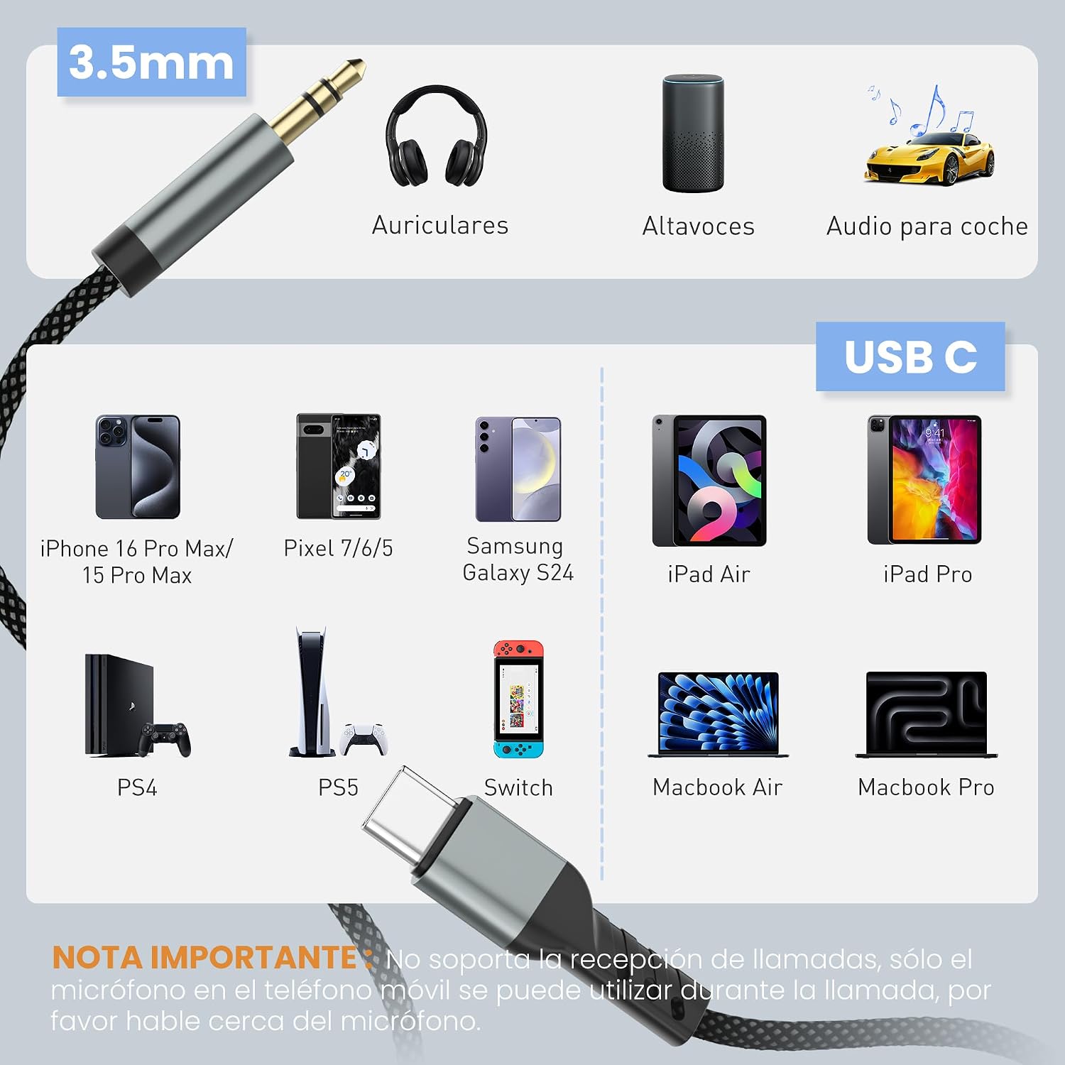 Detalle 2 de YISH Cable Jack a USB C 1M para audio
