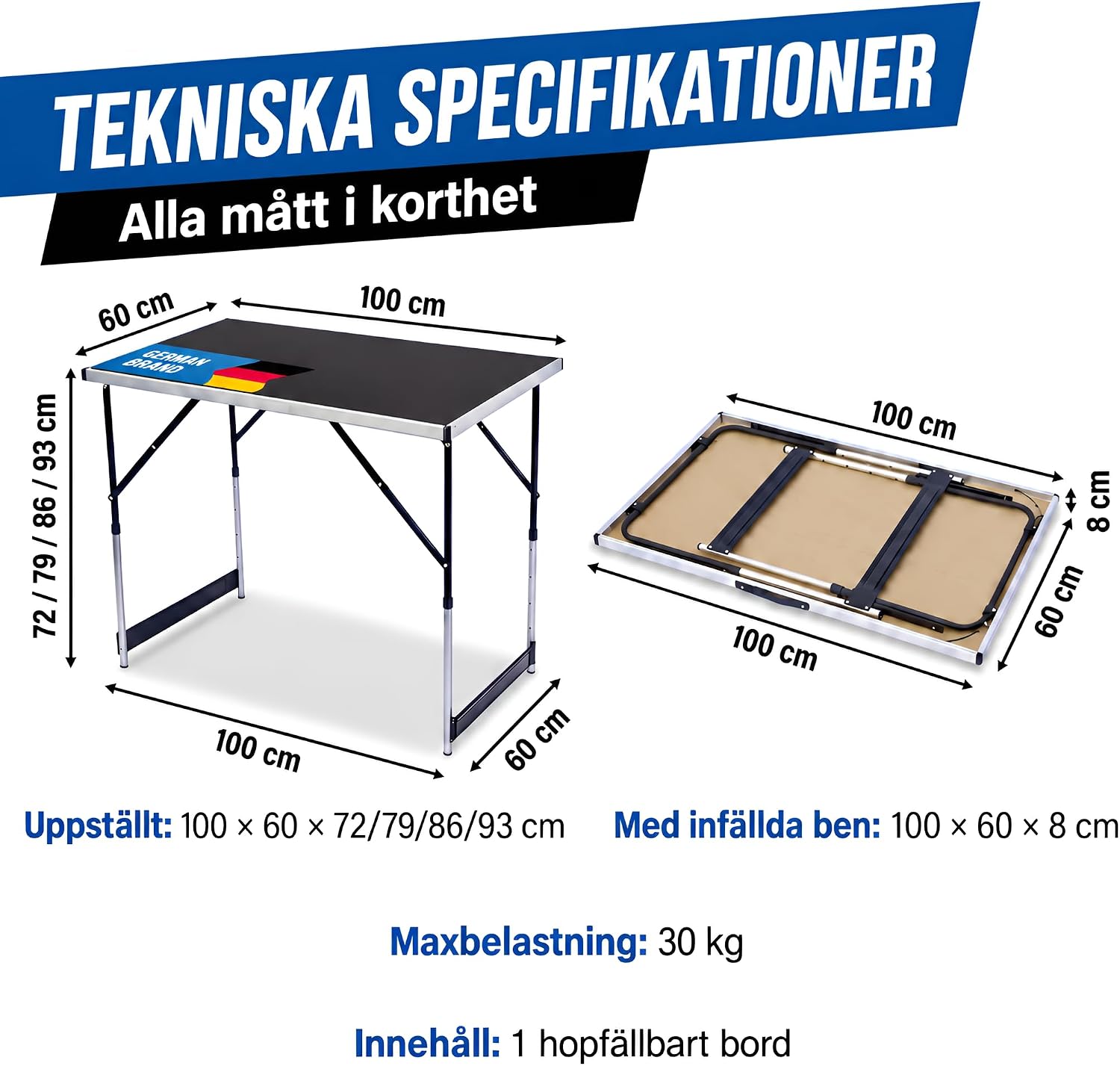 Thumbnail 1 de GOODS+GADGETS 3169011 hopfällbart bord, 100 × 60 cm med fyra höjdlägen