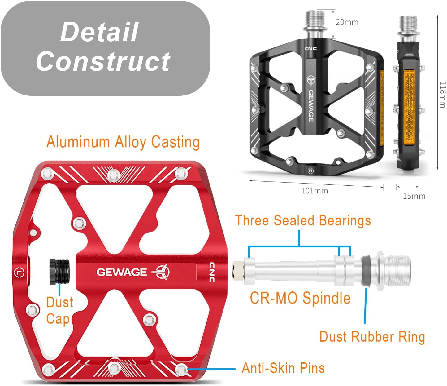 Thumbnail 4 de GEWAGE pedali per bici con strisce riflettenti e piattaforma in alluminio CNC (attacco 9/16")