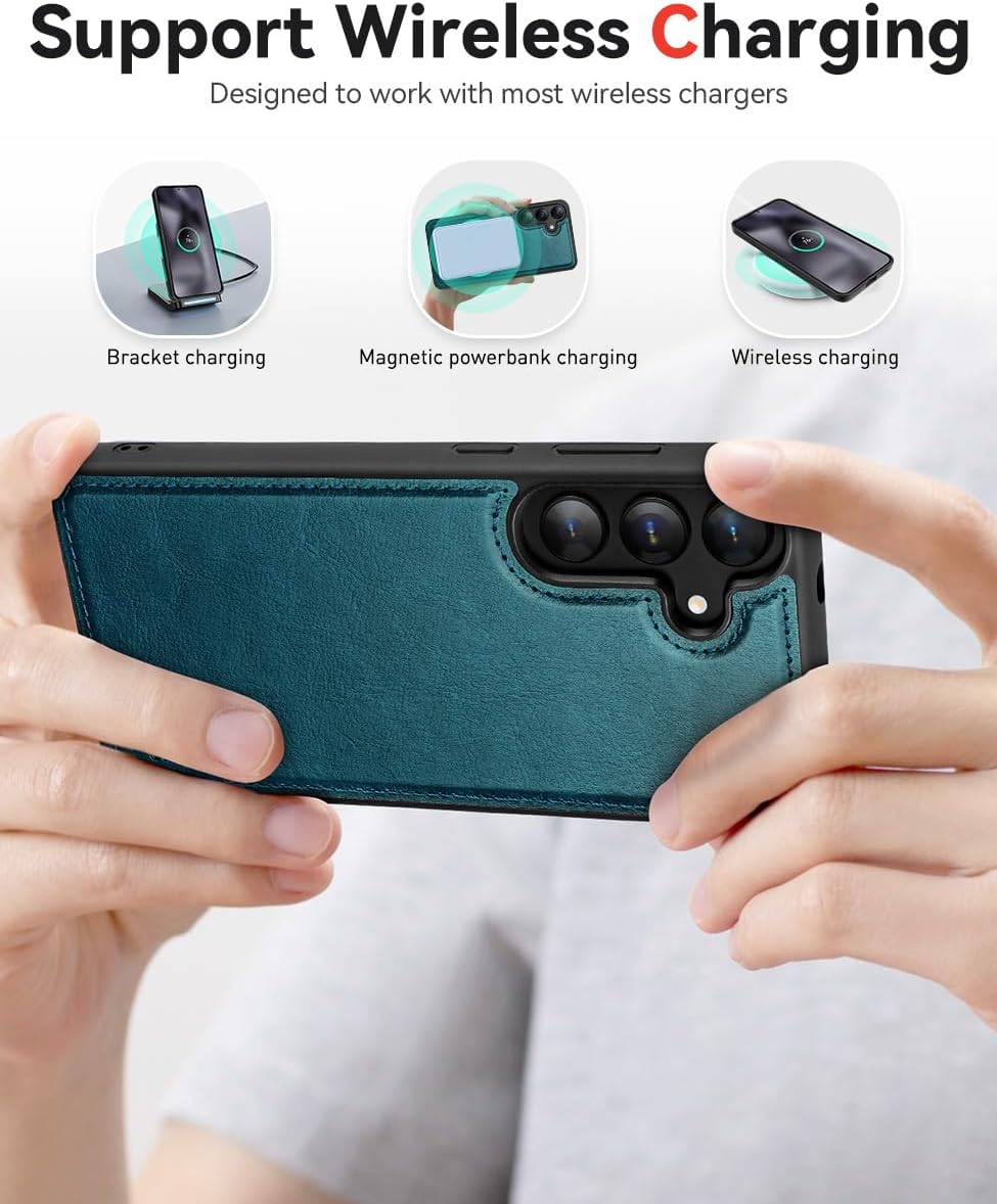Detalle de OCASE 2in1 Hülle für Samsung Galaxy S25 – Magnete, Kartenfach und RFID-Schutz in Lederoptik (Peacock Blue)