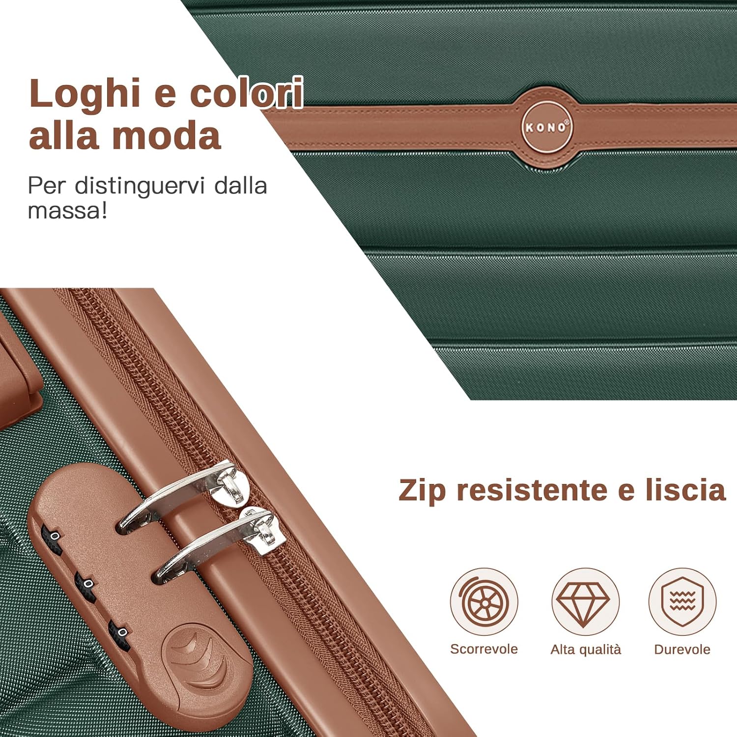 Detalle 2 de KONO Valigia Media Rigida 66,5 cm ABS+PC Trolley con 8 ruote 360° e lucchetto a combinazione (Verde scuro)