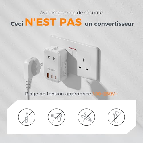 Detalle de TESSAN Adaptateur prise universelle PD 20W avec 2 USB-C — 4 en 1 pour voyages