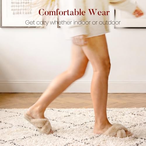 Thumbnail 4 de Ankis Women Camel Fluffy Slippers: Cross Band Furry Open Toe, Cozy Plush Home Shoes