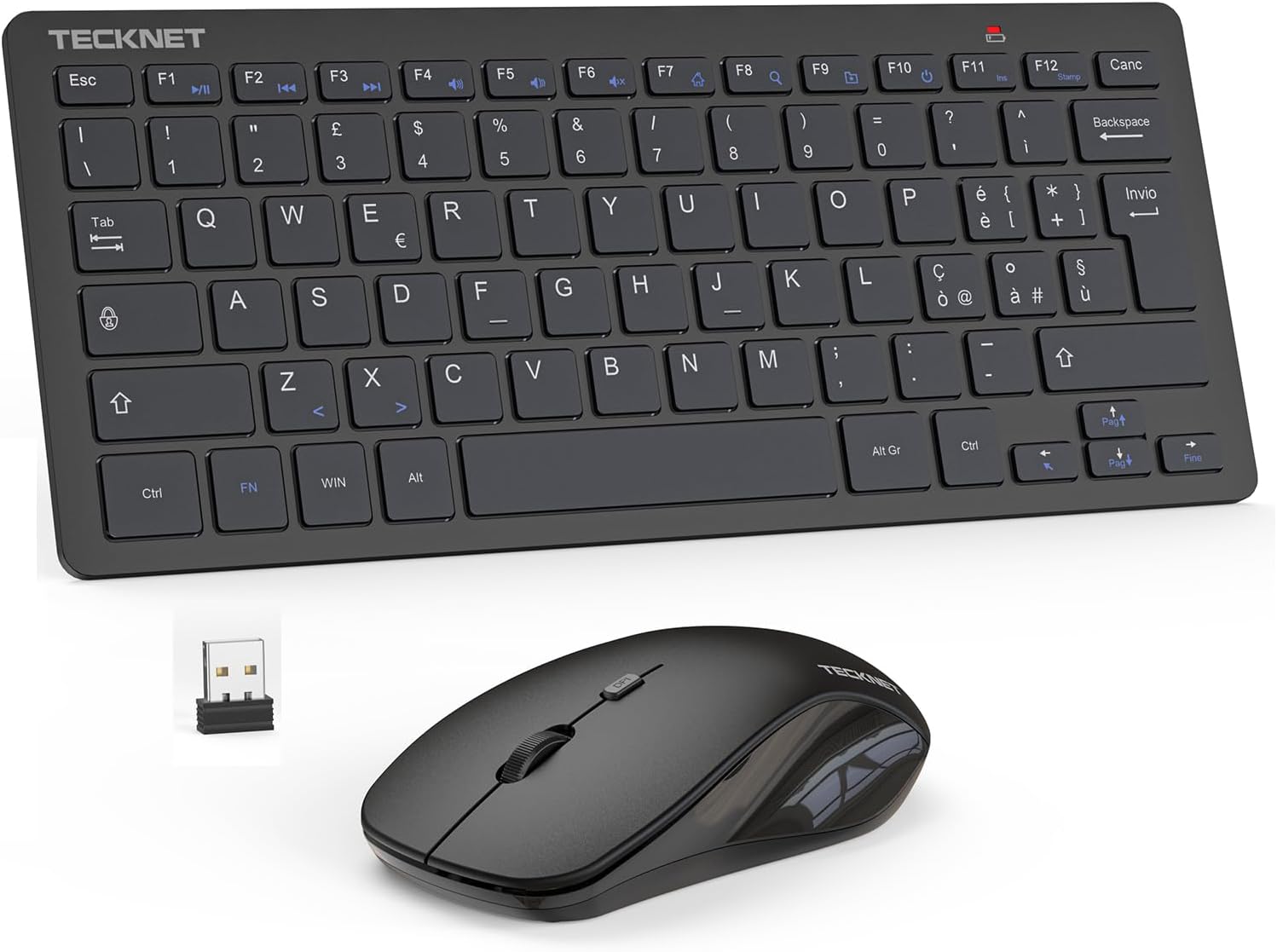 Detalle de TECKNET Set Tastiera e Mouse Wireless 2.4G Silenzioso con Ricevitore Nano USB – layout Italiano