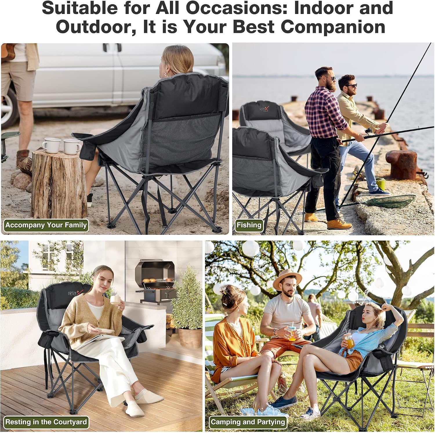 Thumbnail 6 de RELAX FIELD Set of 2 Oversized Camping Chairs for Adults – Heavy Duty, 200kg Capacity, Cup Holder & Cooler Bag (Grey)