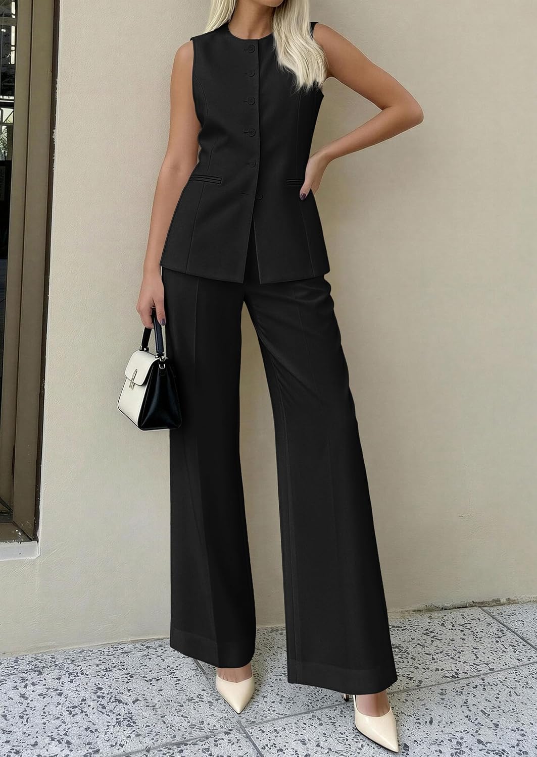 Detalle de PRETTYGARDEN Women's 2 Piece Sets: Sleeveless Blazer Vest + Wide-Leg Pants, Spring/Summer Business Casual