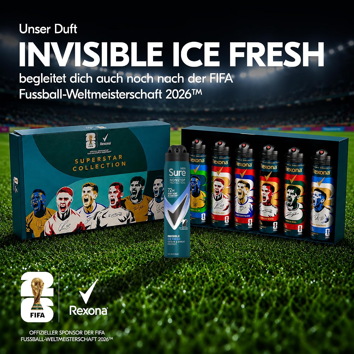 Detalle 2 de Rexona FIFA World Cup 2026 Superstar Collection Geschenkset – 6 x 150 ml Anti-Transpirant Deo-Spray für Männer