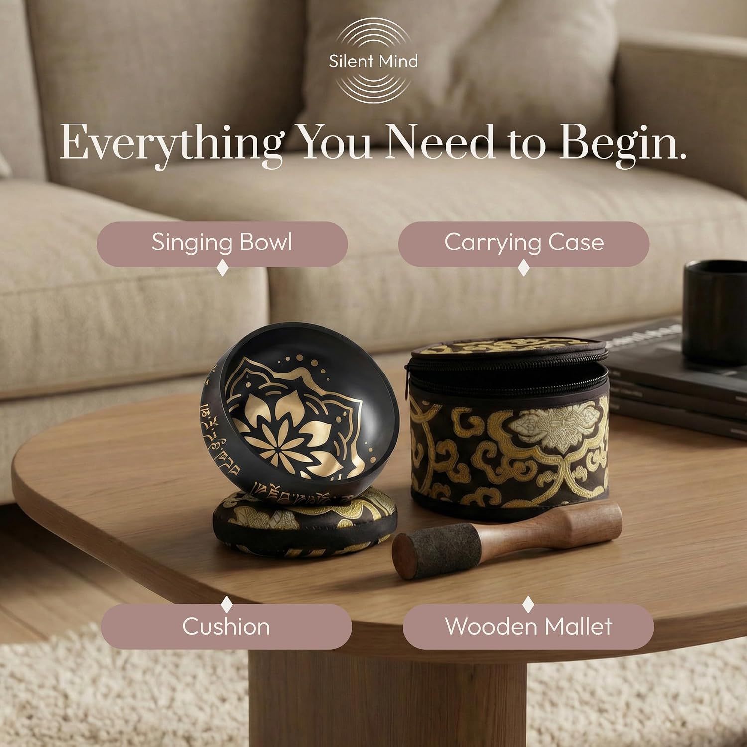 Detalle 1 de Silent Mind Singing Bowl Set, Tibetan Bell Metal Bowl with Cushion and Mallet