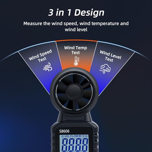 Thumbnail 2 de Mcbazel 3 en 1 Anemómetro Portátil Digital, Mide Temperatura del Viento, Velocidad del Viento y Flujo de Viento con Retroiluminación y Funciones MAX/MIN/AVG para Navegación, Kitesurf y Surf