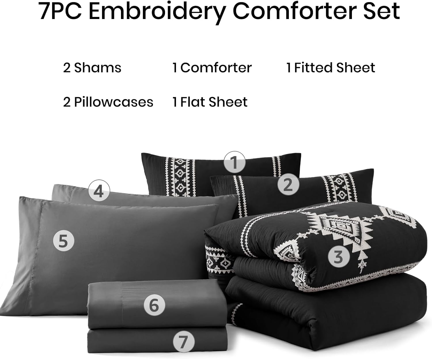 Thumbnail 6 de MaiRêve Embroidery Queen Size Comforter Set in Black — 7 Pieces, All-Season Boho Farmhouse Western Bedding
