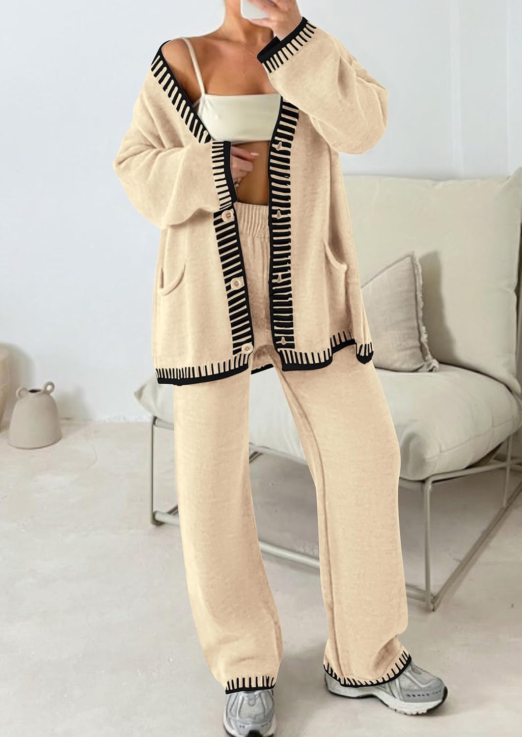 Detalle de PRETTYGARDEN Women’s Lounge Set (2-Piece Cardigan + Wide-Leg Pants) — color-block knit outfits