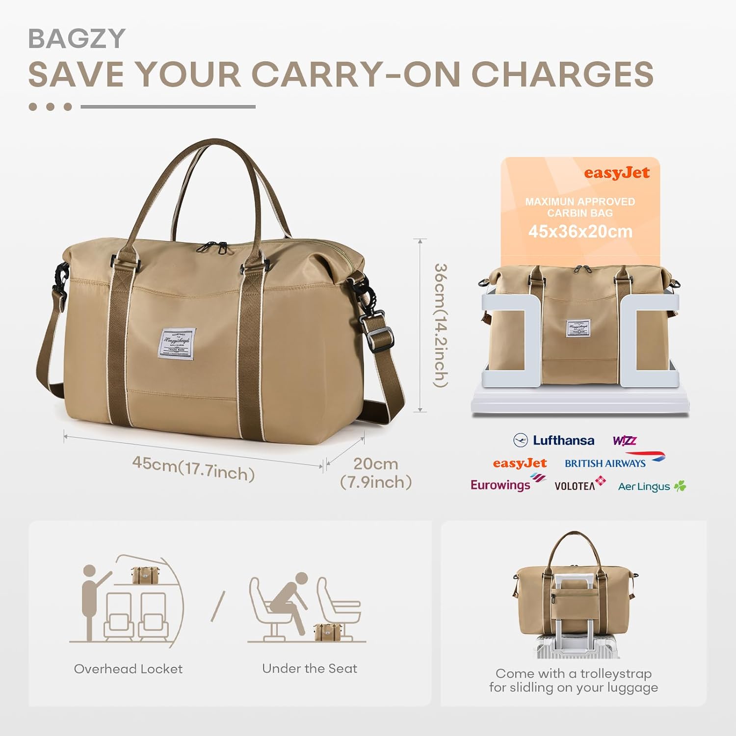 Thumbnail 2 de BAGZY Cabin Bag 45x36x20 (32L) underseat travel duffel with wet pocket for EasyJet-style hand luggage