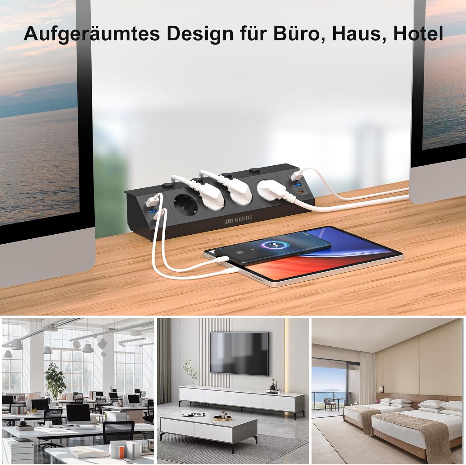Detalle 2 de HITRENDS 4 Prises de Table-Noir tafelstopcontact met 4 stopcontacten en 6 USB-poorten