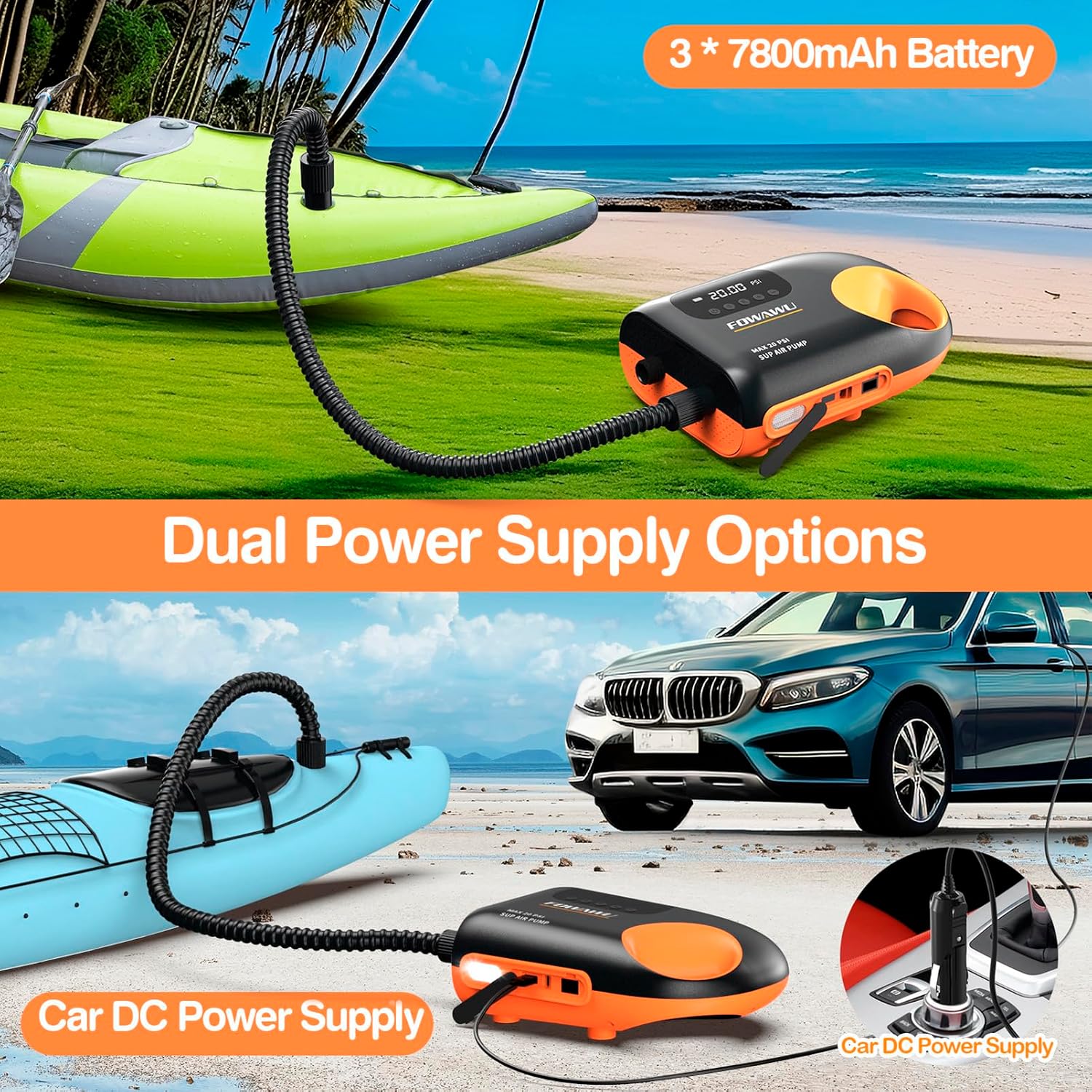 Detalle 2 de FOWAWU 8666-3*7800mAh elektrische SUP-pomp, 20 PSI en 6 mondstukken