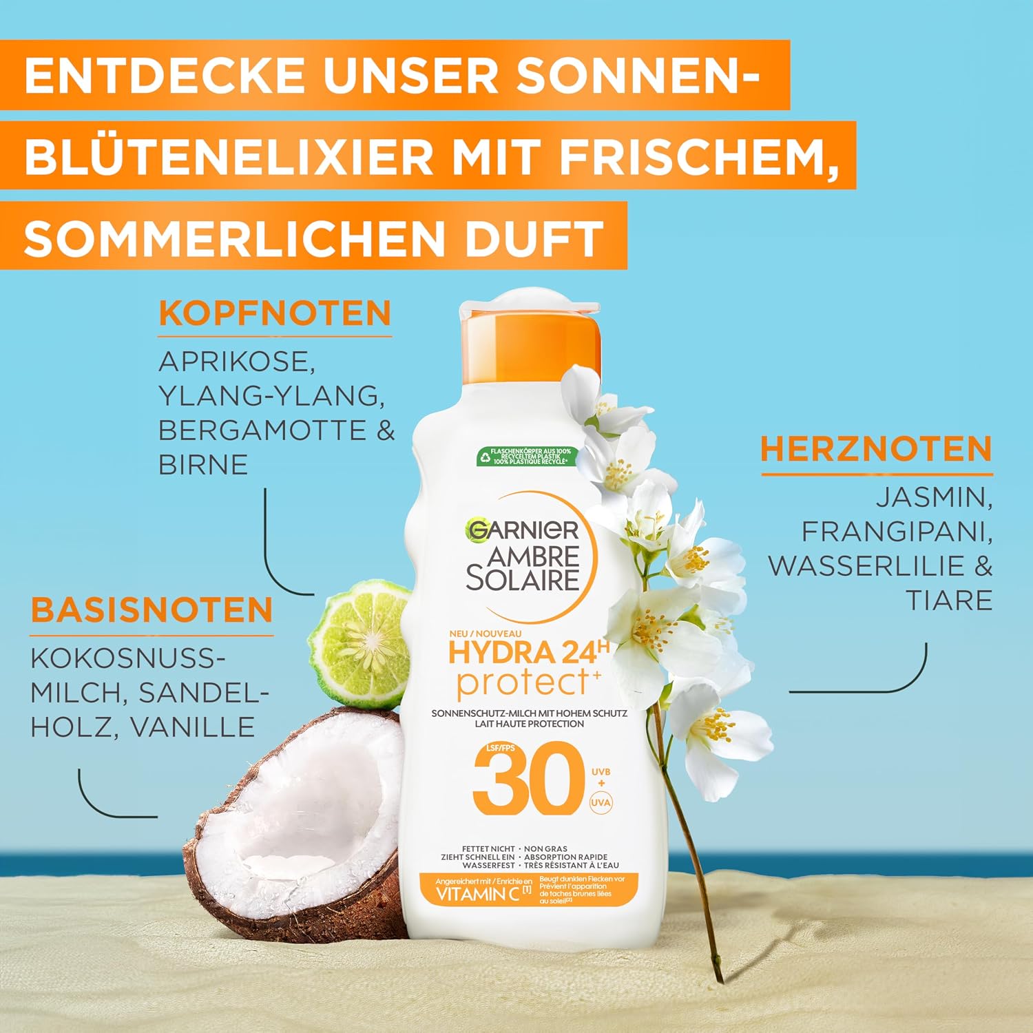 Detalle de Garnier Ambre Solaire Hydra Protect+ Sonnenschutz-Milch LSF 30 (24h) – Schutz vor UVA/UVB mit Vitamin C, 175 ml (2er-Pack)