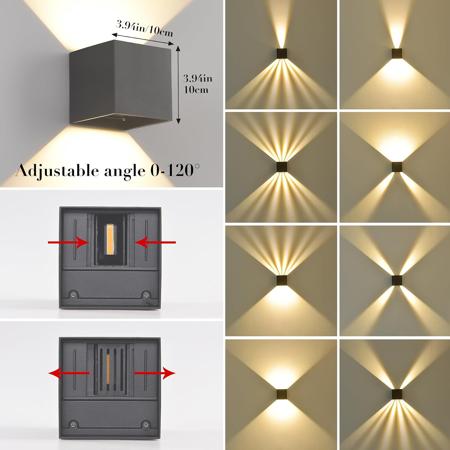 Detalle de Applique da Parete LED 12W con Fascio Regolabile IP65 – Bianco caldo 3000K, alluminio, 10x10x10 cm, Grigio Scuro