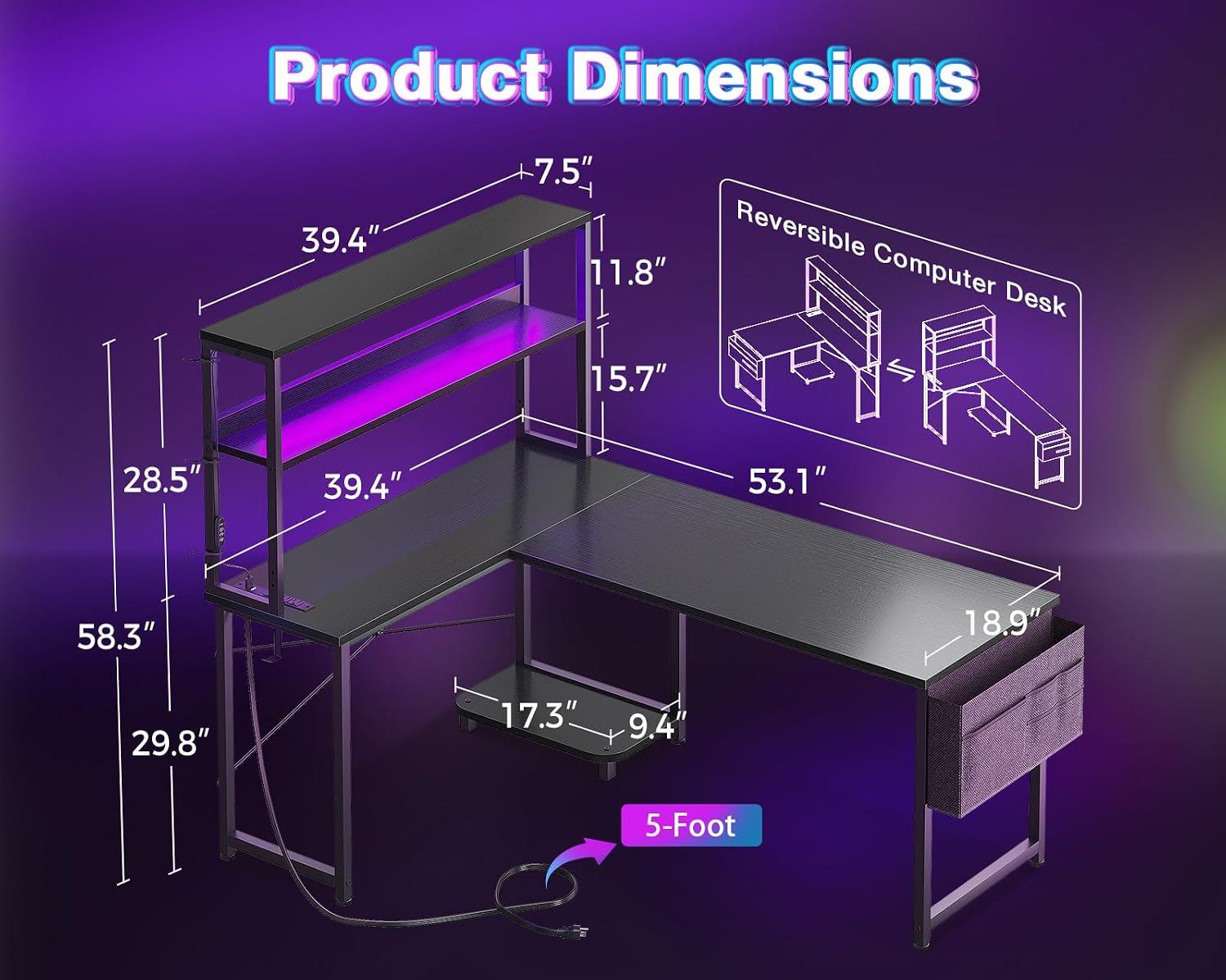 Detalle de AODK MN-143 53-Inch L-Shaped Gaming Desk with LED Lights and Power Outlets