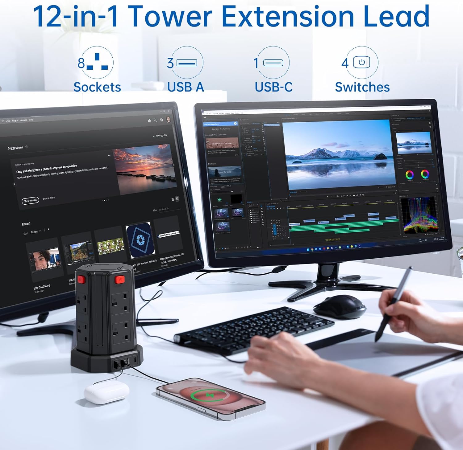 Thumbnail 1 de Tower Extension Lead 3M: 8 AC outlets, 4 USB ports with surge protection