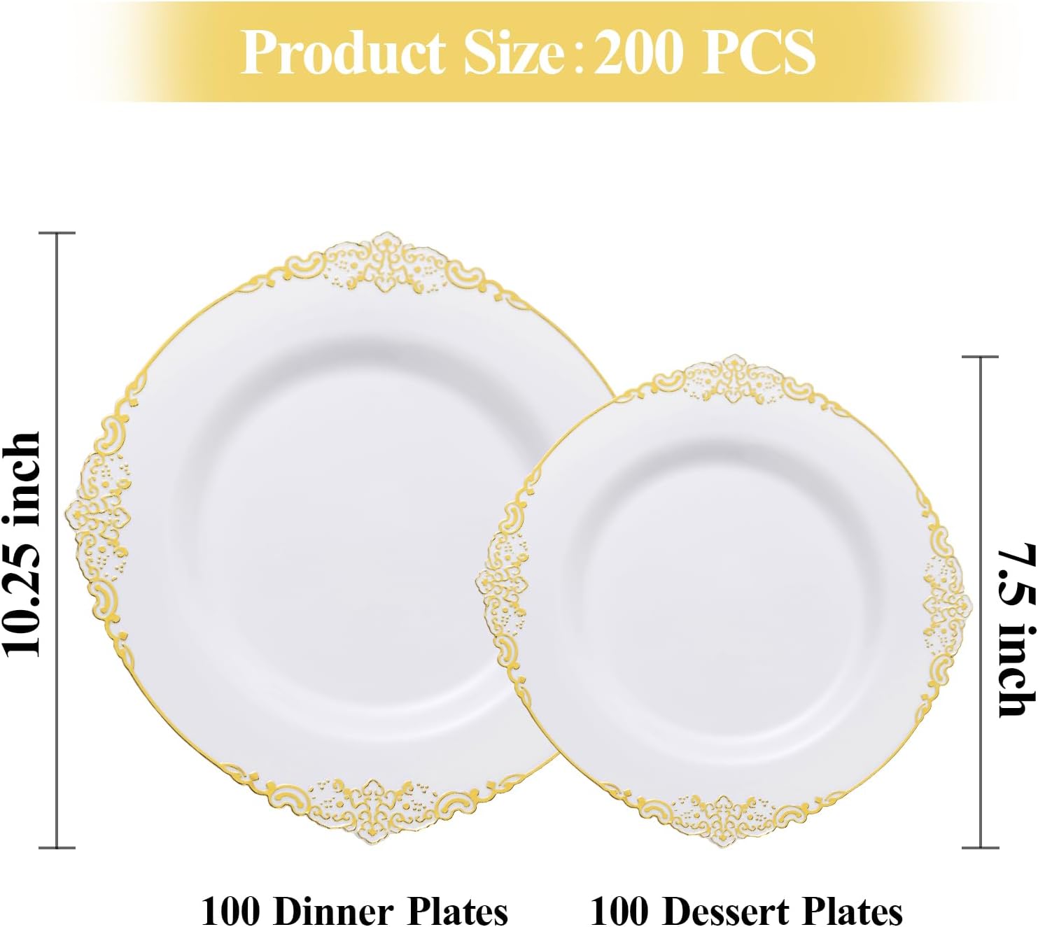 Detalle 2 de Bestluck 200 PCS White and Gold Plastic Plates 10.25