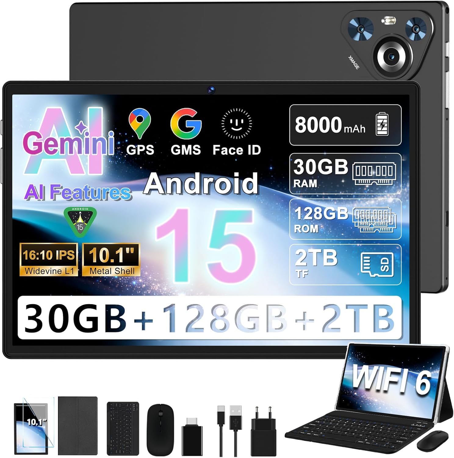 Dghrti 2026 Tablette Android 15 10" IPS (30 Go RAM/128 Go + 2 To) avec clavier et souris, noir