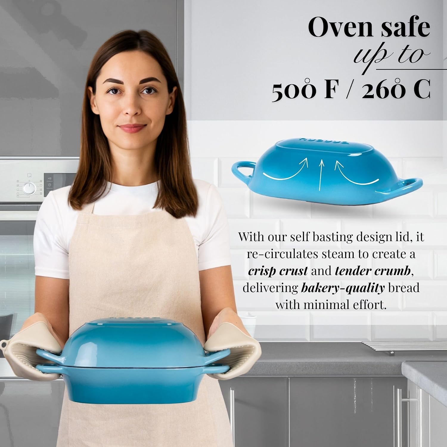 Detalle de Nuovva Enamelled Cast Iron Sourdough Dutch Oven – Rectangular Bread Loaf Pot, Light Blue