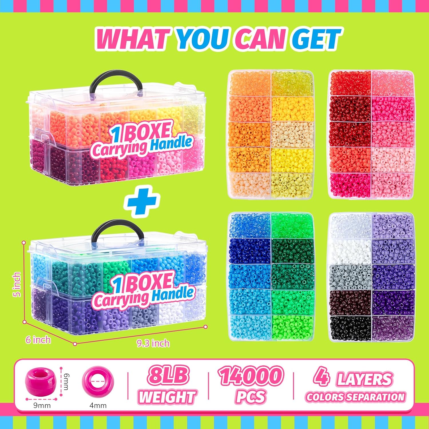 Detalle de Simetufy 14,000-Piece Pony Bead Set, 40 Colors, 6 x 9 mm Plastic Beads